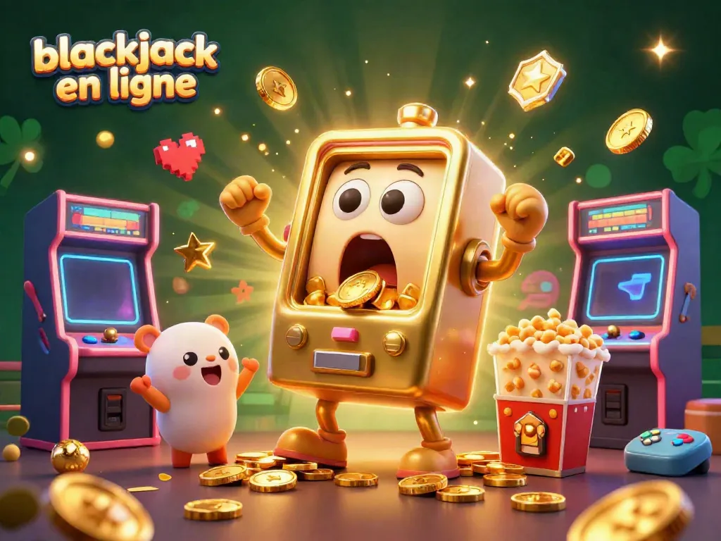 Jouez au blackjack en ligne avec cette illustration captivante, mettant en valeur un jackpot et des machines à sous.