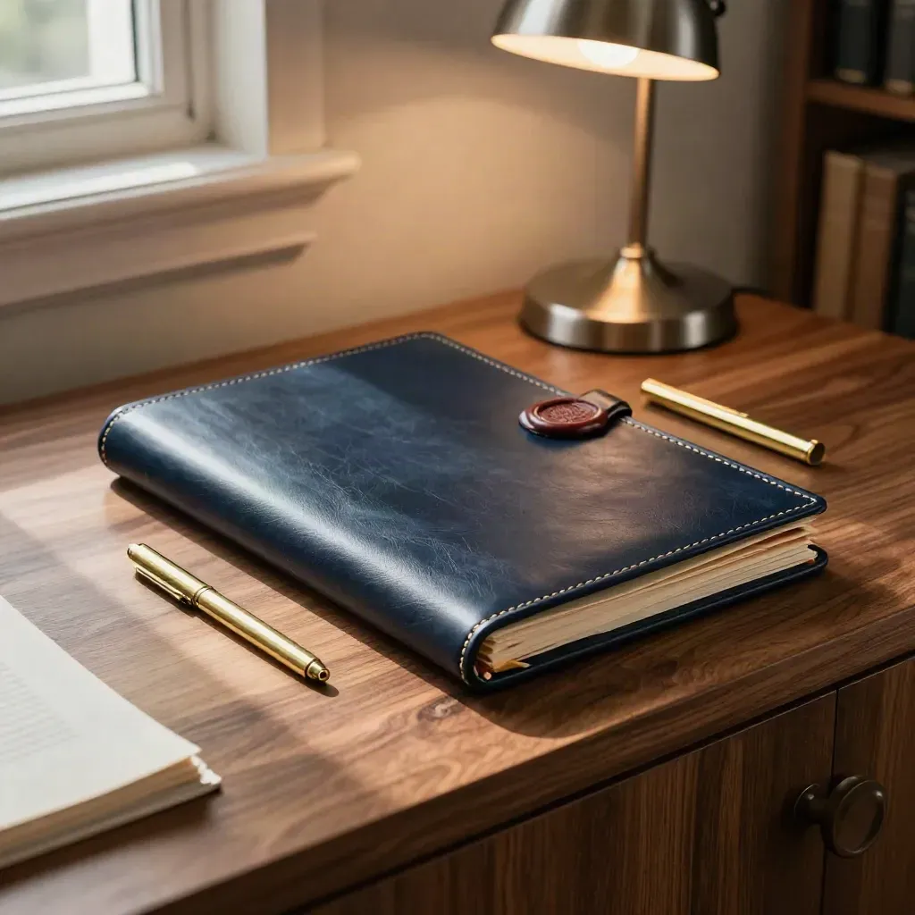 Dossier juridique fermé dans une pochette cuir sur console en noyer, lampe douce en fond.