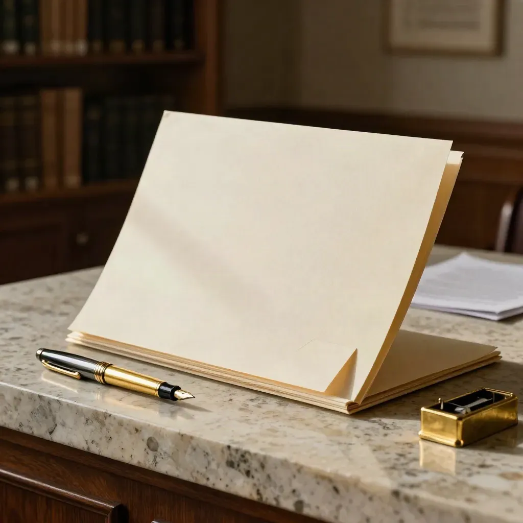 Chemise juridique épaisse sur travertin, onglets alignés, stylo plume et papier vergé plié.
