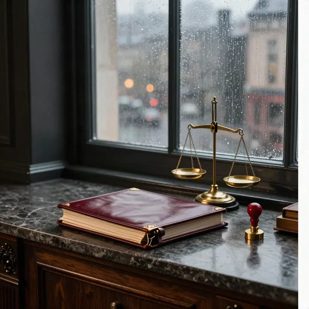 Cabinet haussmannien sous la pluie, balances en laiton, sceau de cire et folio en cuir.