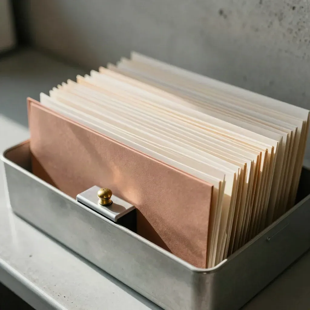 Archives fermées, casier métallique et tampon de contrôle sur plan de travail industriel.