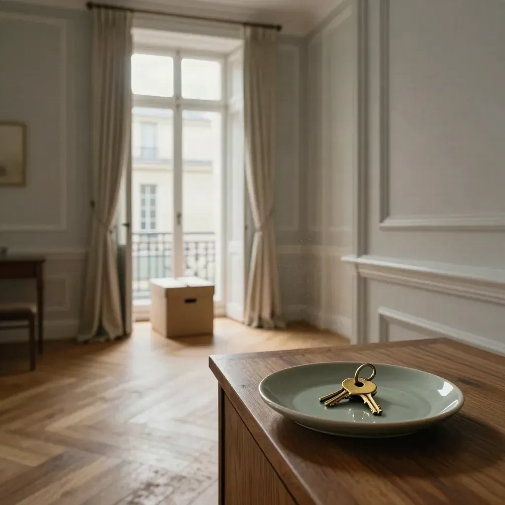 Appartement vide avec clés sur un buffet, carton fermé près de la porte et lumière douce.