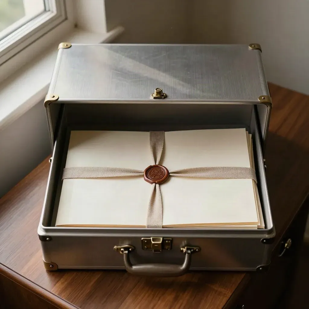 Coffret d’archives verrouillé avec deux dossiers liés par un ruban et un cachet intact.