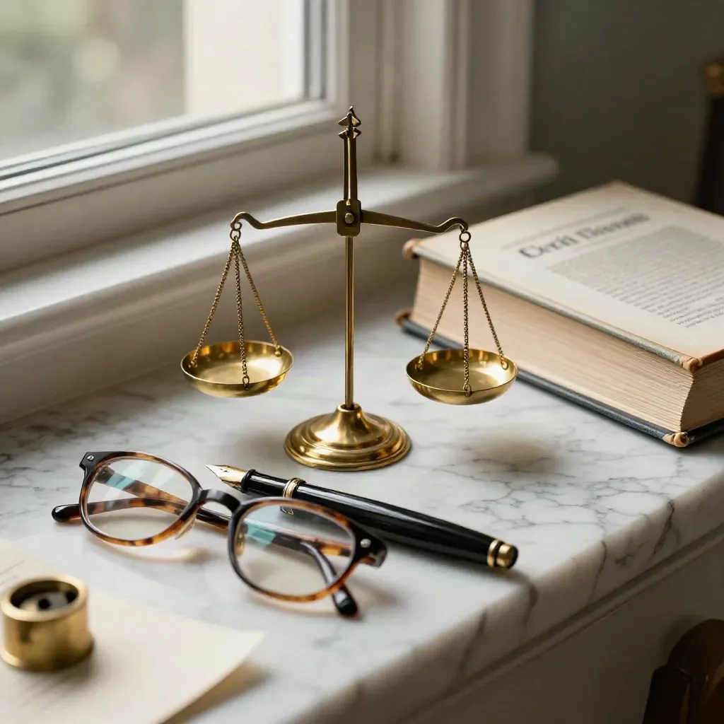 Balance de laiton, stylo plume noir, lunettes écaille et code relié sur marbre.