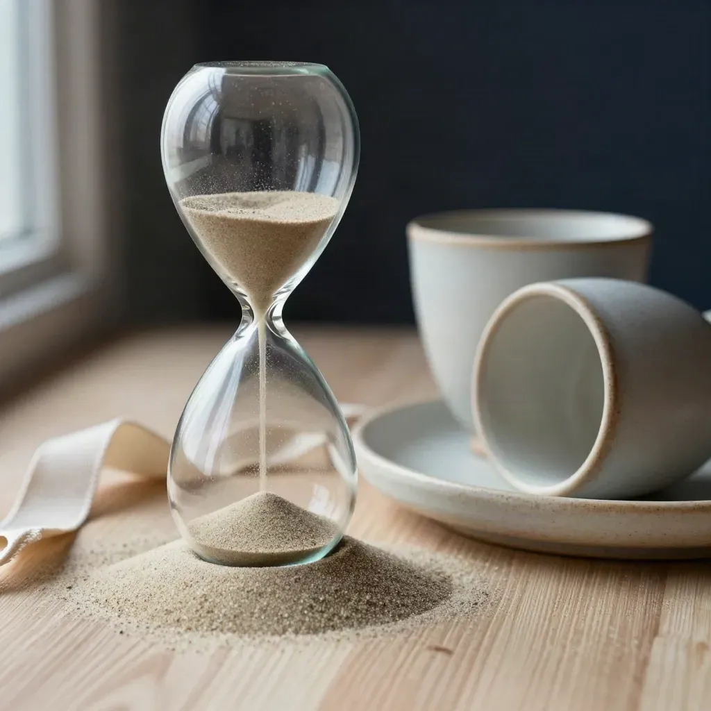 Sablier de verre, deux tasses en grès et ruban de lin sur plateau en bois clair.