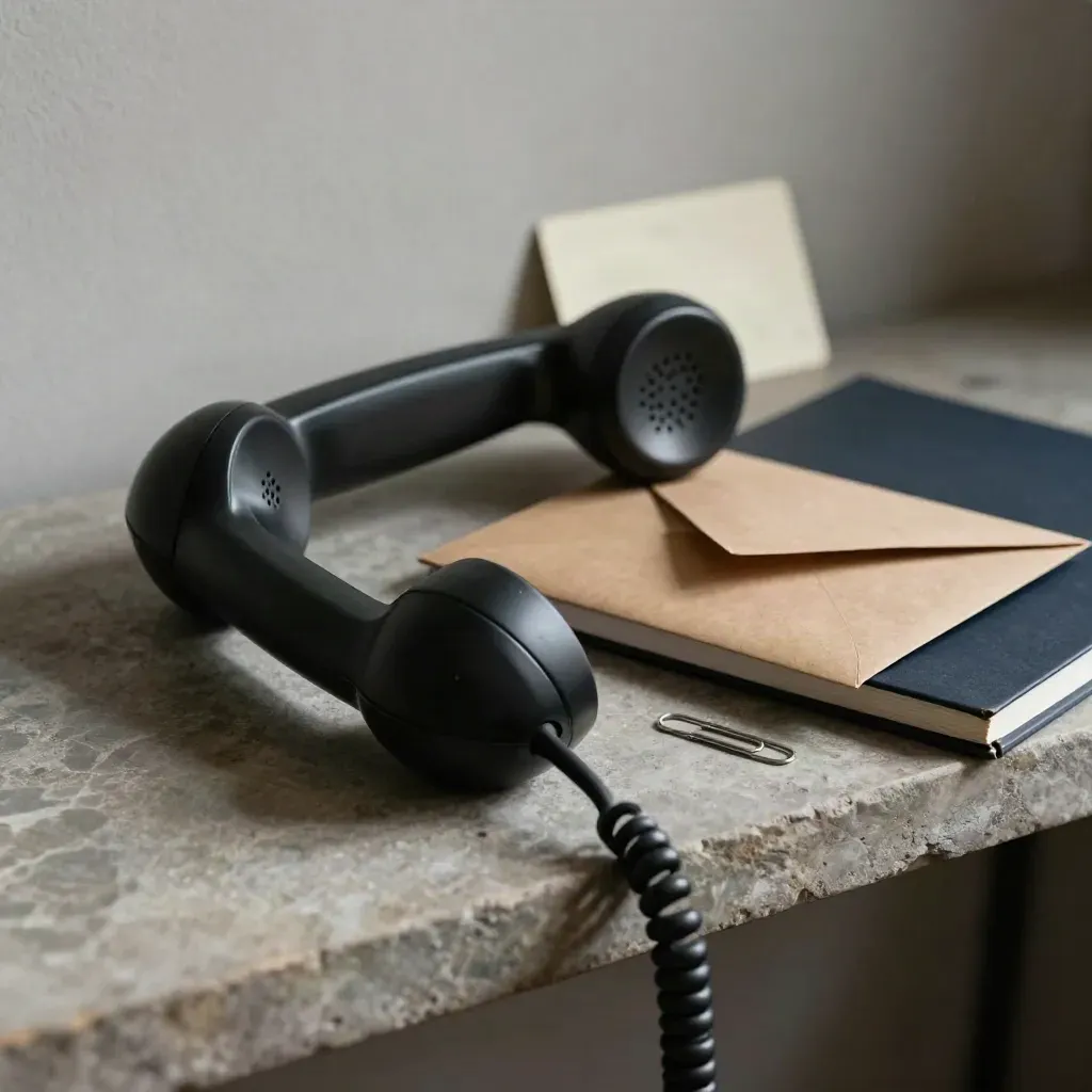 Téléphone noir, enveloppe kraft, carnet fermé et trombone sur pierre, lumière douce latérale.