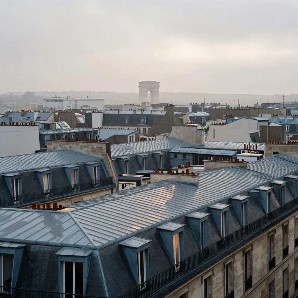 Paris brumeux vu des toits, avec zinc, corniches haussmanniennes et monument lointain.