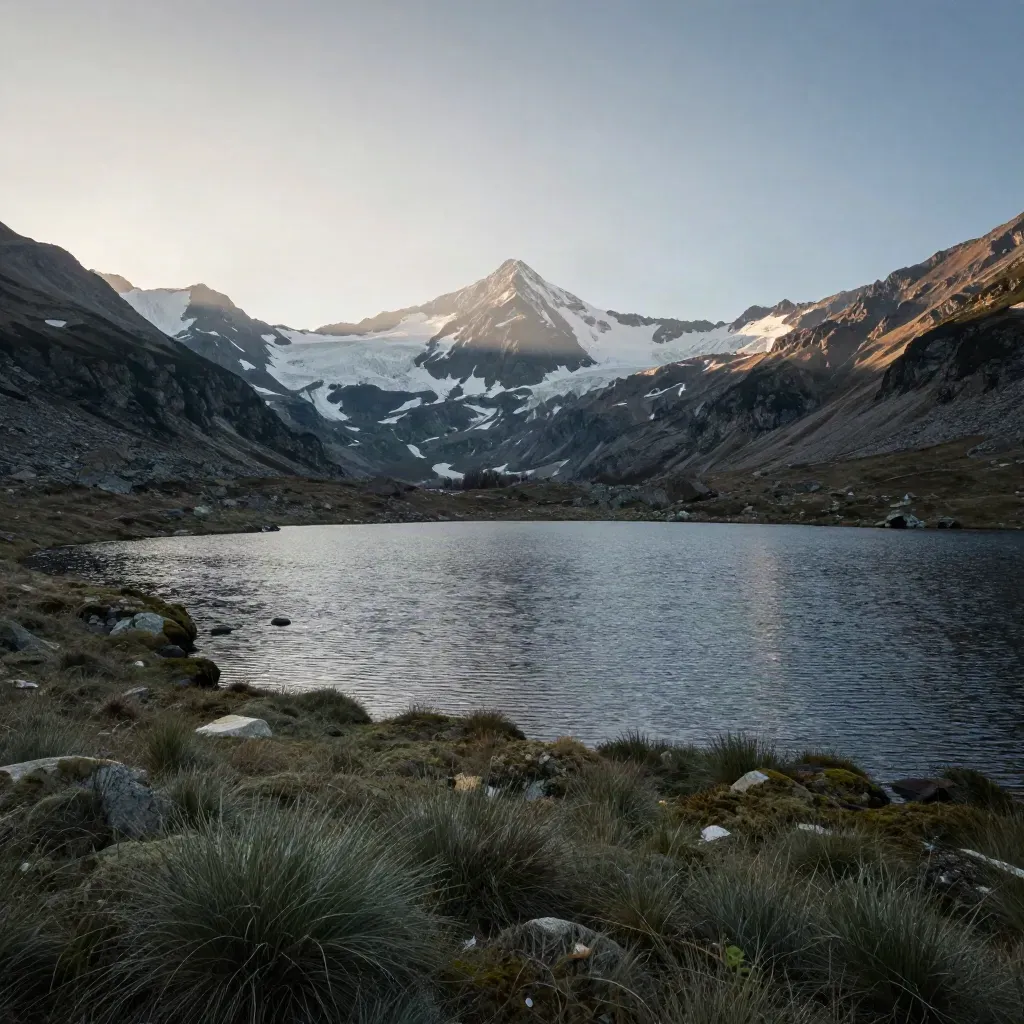 Lac alpin calme, crêtes enneigées en haut et rive sombre en bas, lumière du matin.