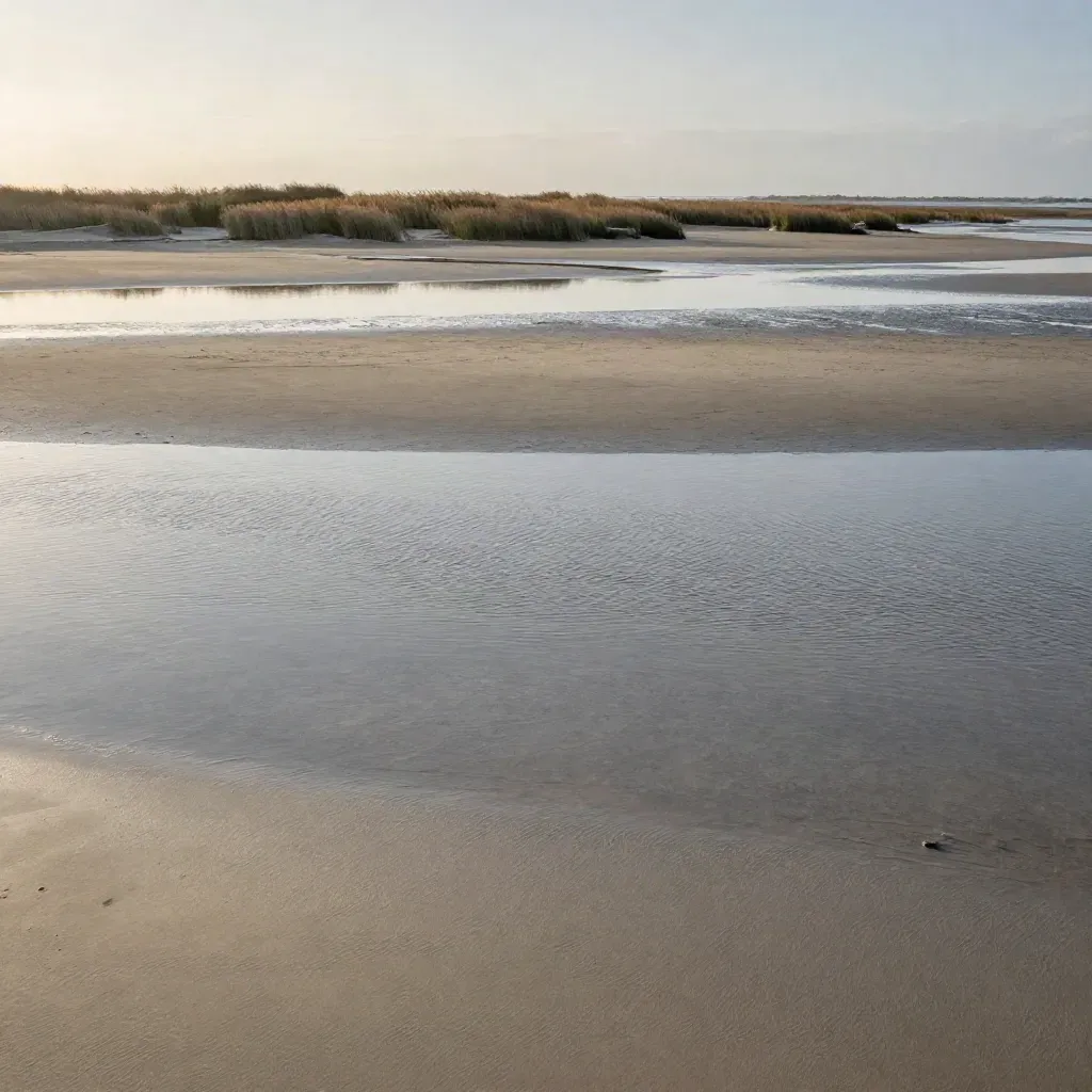Estuaire des Pays de la Loire à marée basse, eau miroir et bancs de sable sous la brume bleue.