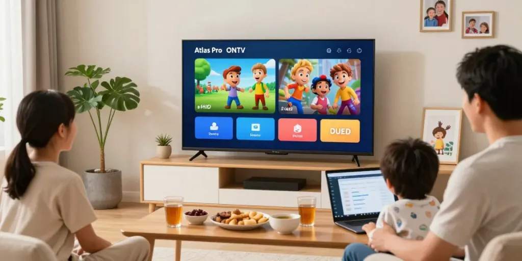 Scène familiale regardant l'application Atlas Pro ONTV en qualité HD dans un salon chaleureux.